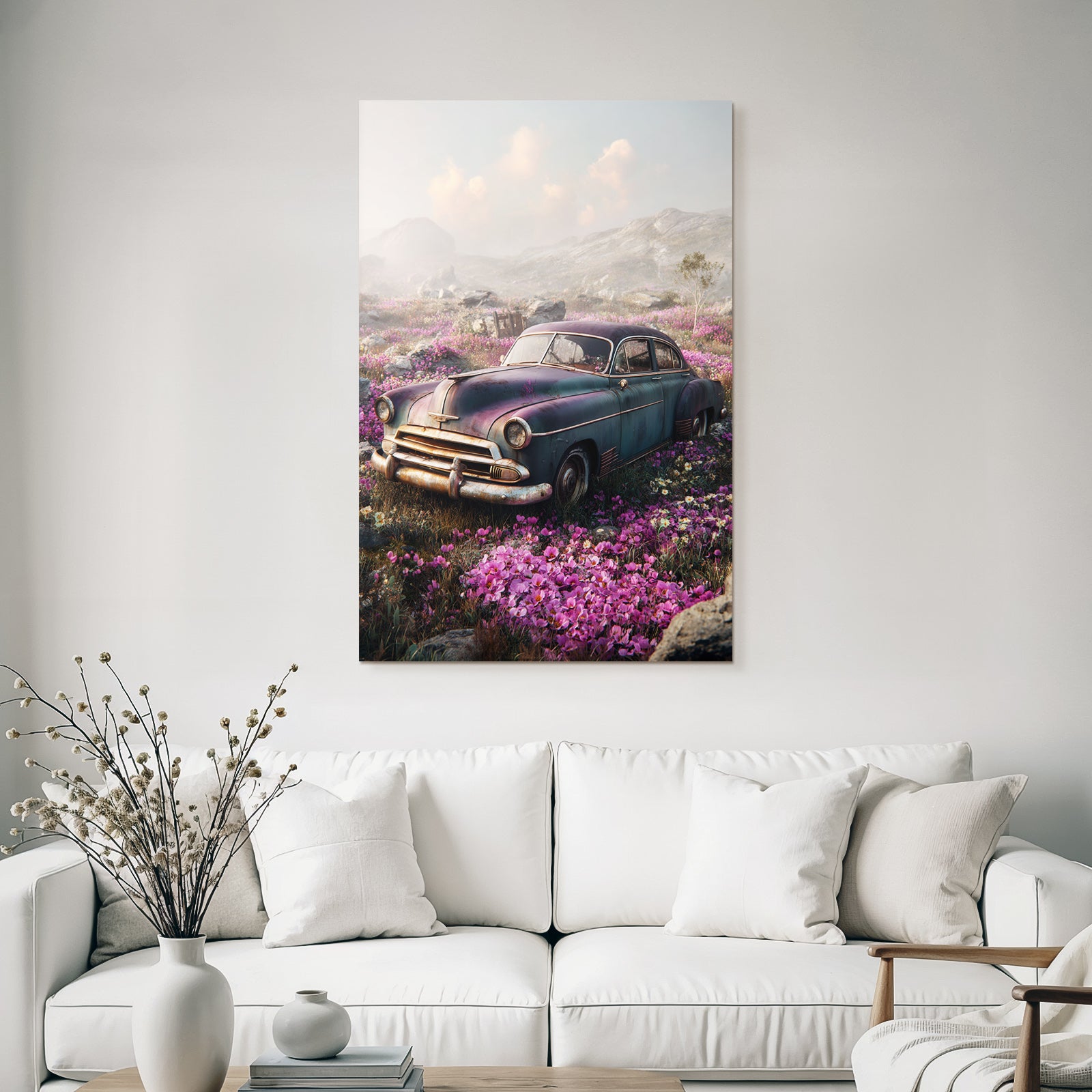 Vintage Auto Auf Feld Mit Blumen Und Himmel | Duenen und Heide | Landschaften