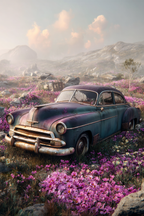 Vintage Auto Auf Feld Mit Blumen Und Himmel | Duenen und Heide | Landschaften