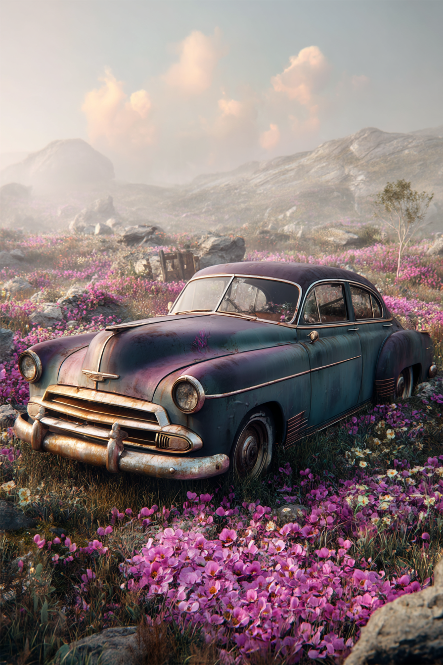 Vintage Auto Auf Feld Mit Blumen Und Himmel | Duenen und Heide | Landschaften