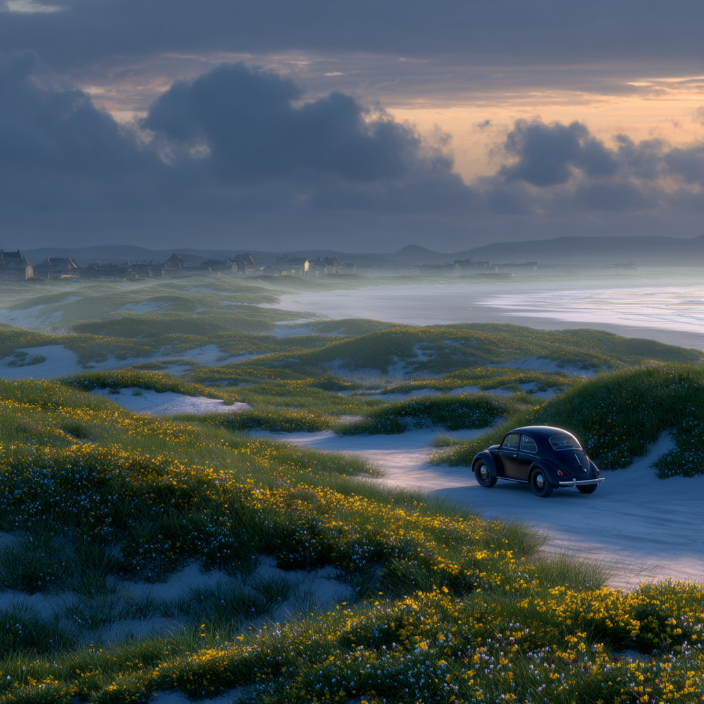 Ruhige Landkarte Mit Hügeln Und Auto Am Strand | Duenen und Heide | Landschaften