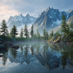 Schneebedeckte Berge Und Ruhiger Wasser Spiegel Mit Nebel | Duenen und Heide | Landschaften