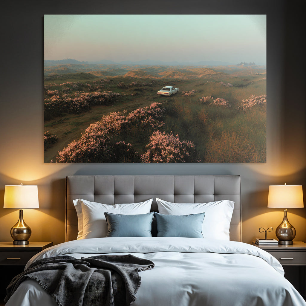 Idyllische Landschaft Mit Altem Auto Und Rose Blumen | Duenen und Heide | Landschaften