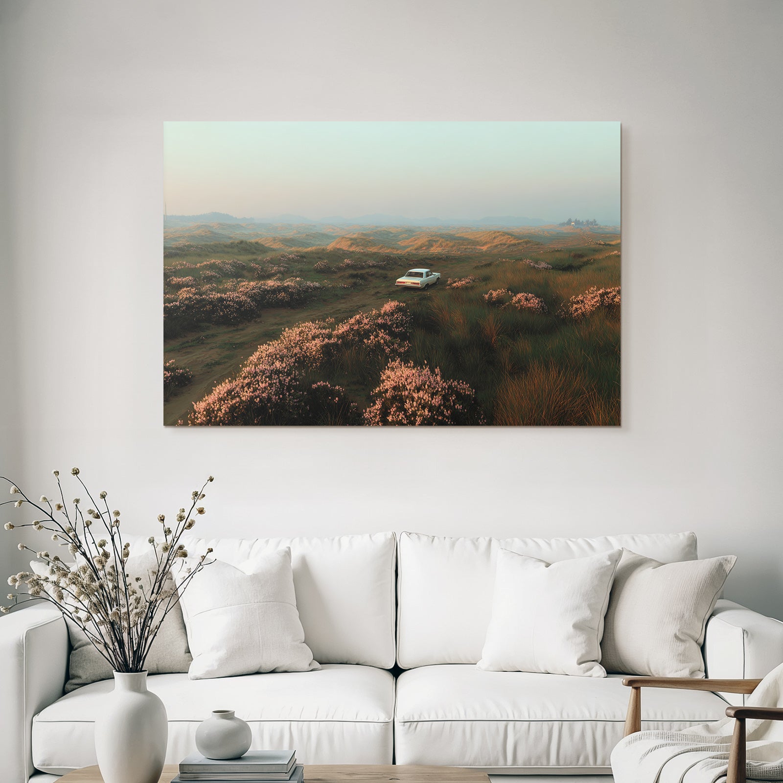Idyllische Landschaft Mit Altem Auto Und Rose Blumen | Duenen und Heide | Landschaften