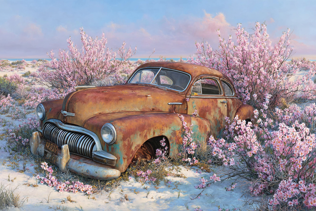 Verrostetes Auto Umgeben Von Blühenden Rosa Blumen | Duenen und Heide | Landschaften