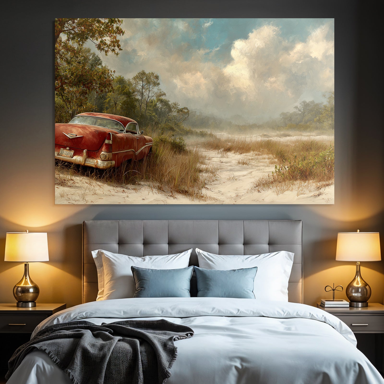 Vintage Rotes Auto In Der Natur Mit Gras Und Baeumen | Duenen und Heide | Landschaften