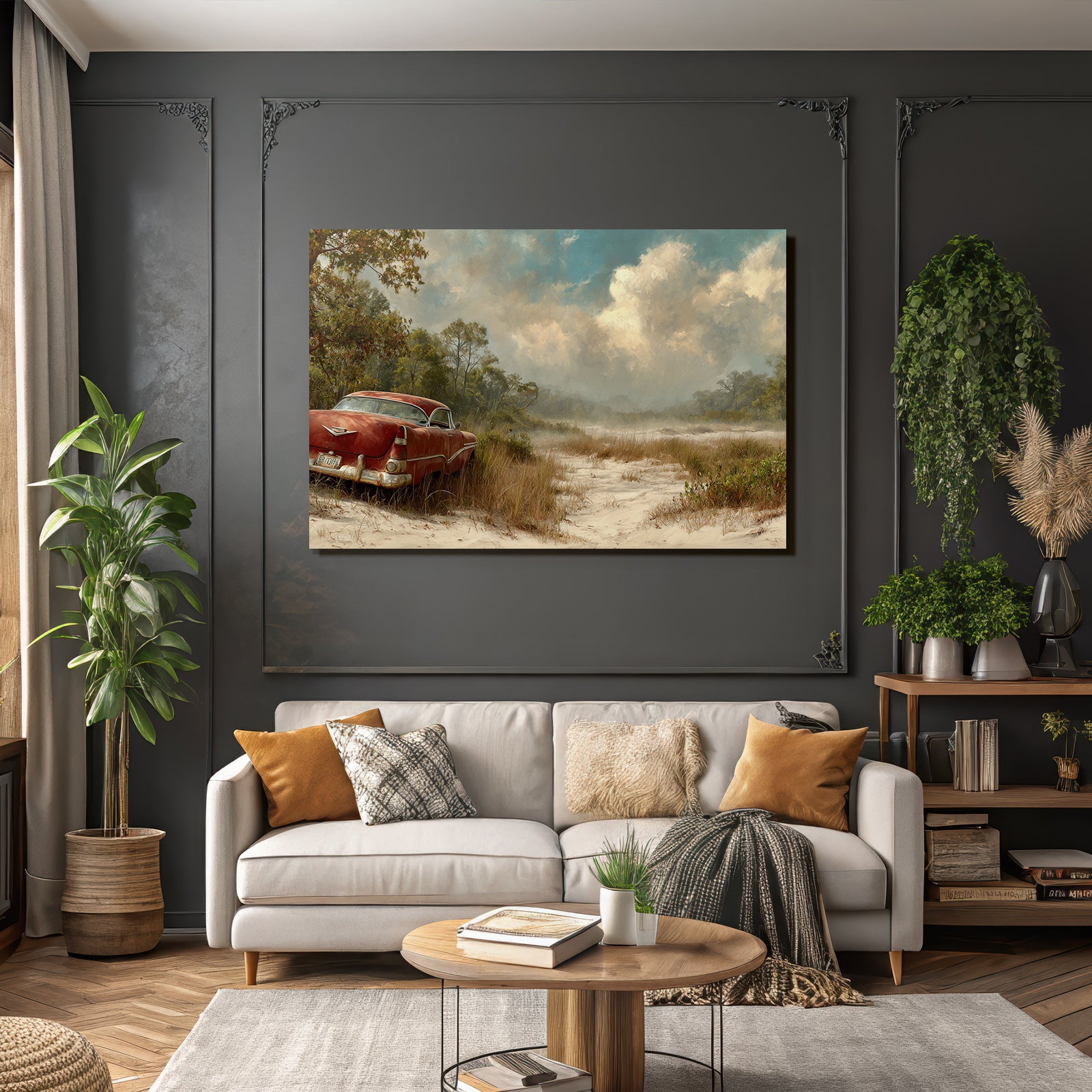 Vintage Rotes Auto In Der Natur Mit Gras Und Baeumen | Duenen und Heide | Landschaften