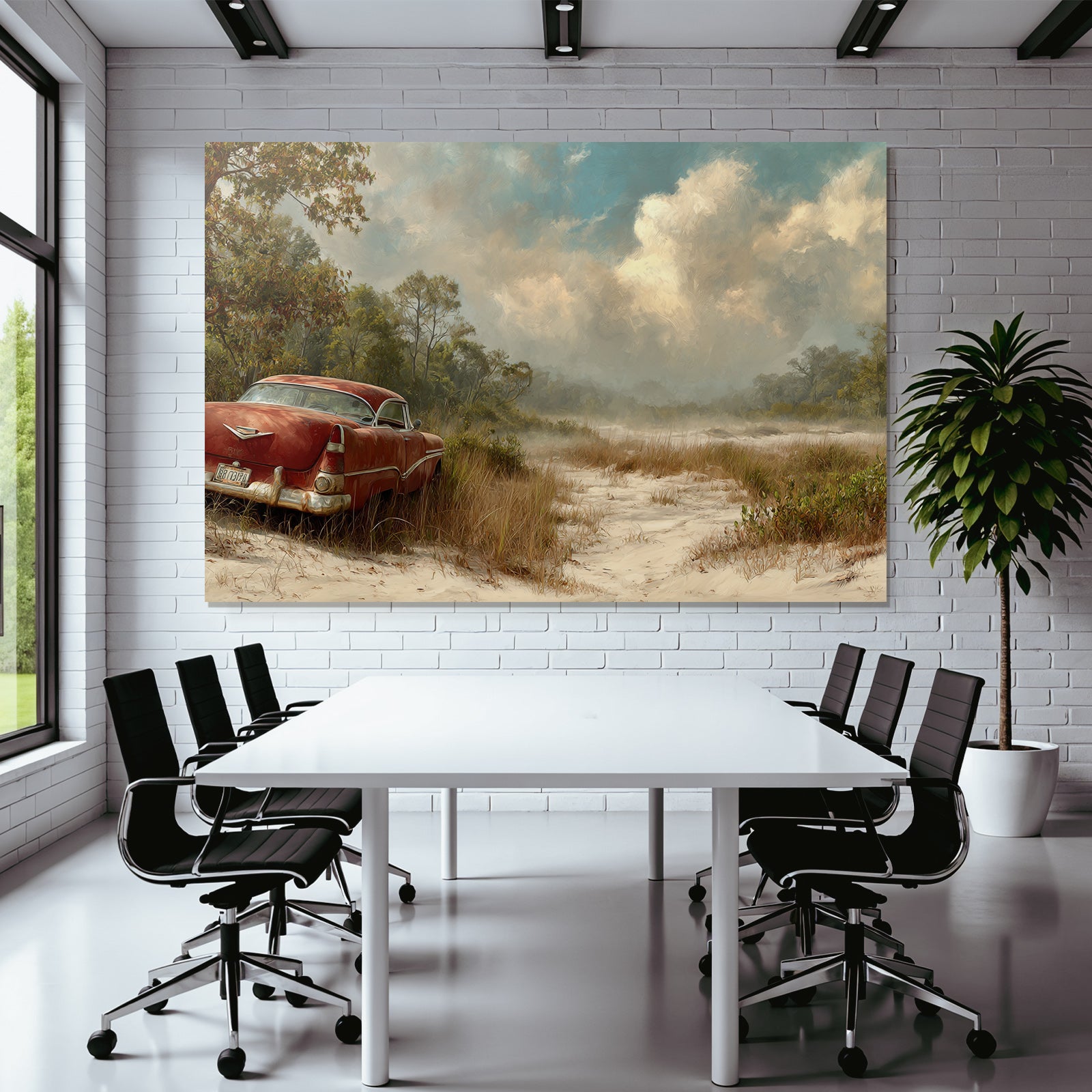 Vintage Rotes Auto In Der Natur Mit Gras Und Baeumen | Duenen und Heide | Landschaften