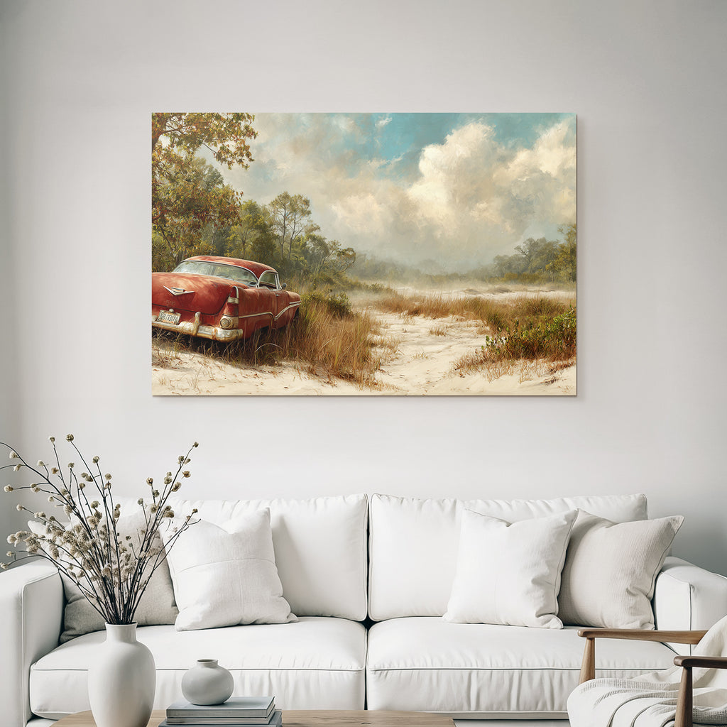 Vintage Rotes Auto In Der Natur Mit Gras Und Baeumen | Duenen und Heide | Landschaften