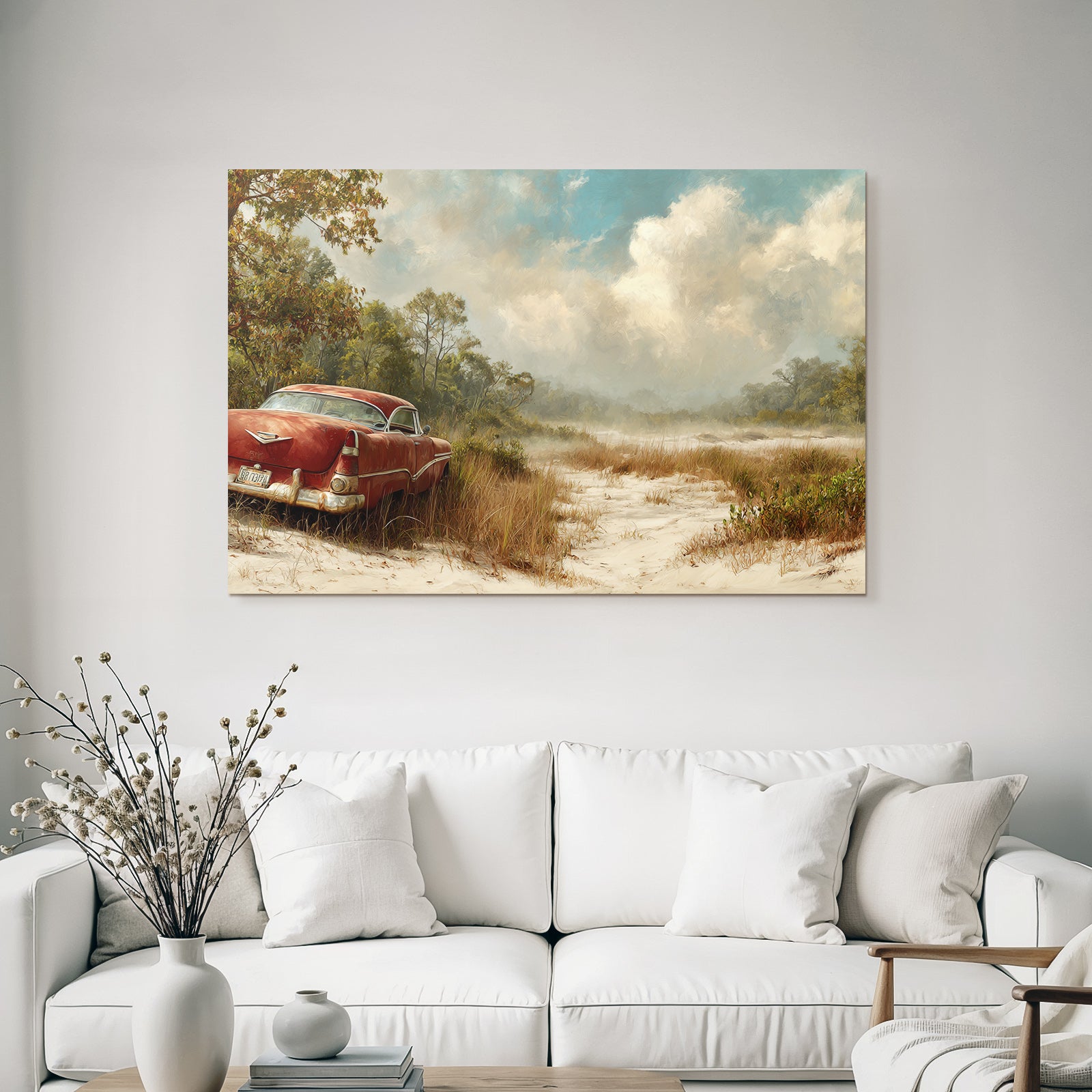 Vintage Rotes Auto In Der Natur Mit Gras Und Baeumen | Duenen und Heide | Landschaften