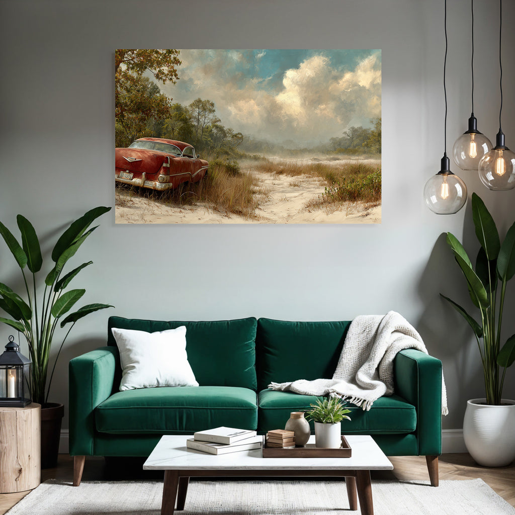 Vintage Rotes Auto In Der Natur Mit Gras Und Baeumen | Duenen und Heide | Landschaften