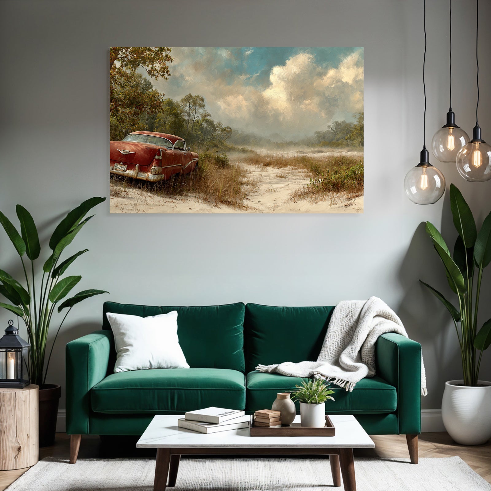 Vintage Rotes Auto In Der Natur Mit Gras Und Baeumen | Duenen und Heide | Landschaften