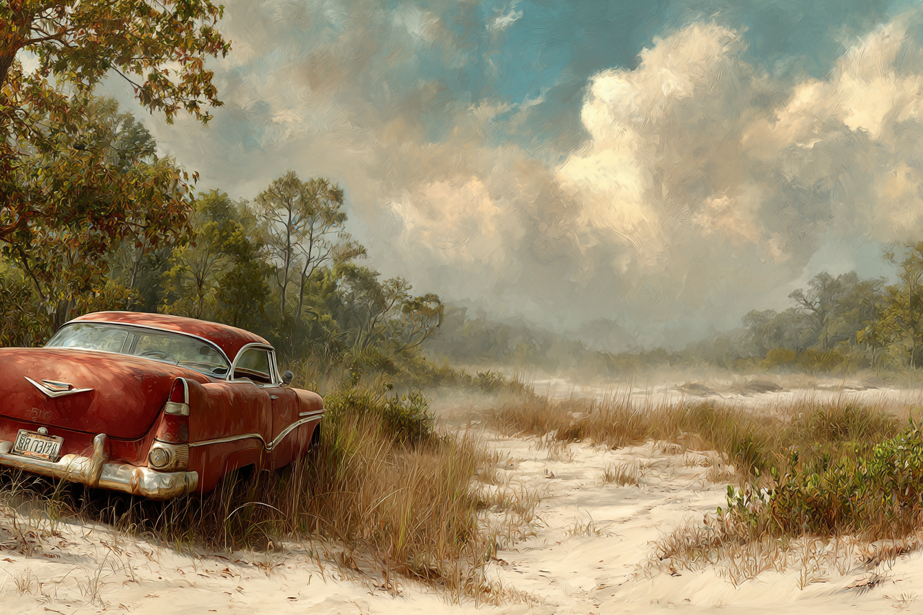 Vintage Rotes Auto In Der Natur Mit Gras Und Baeumen | Duenen und Heide | Landschaften