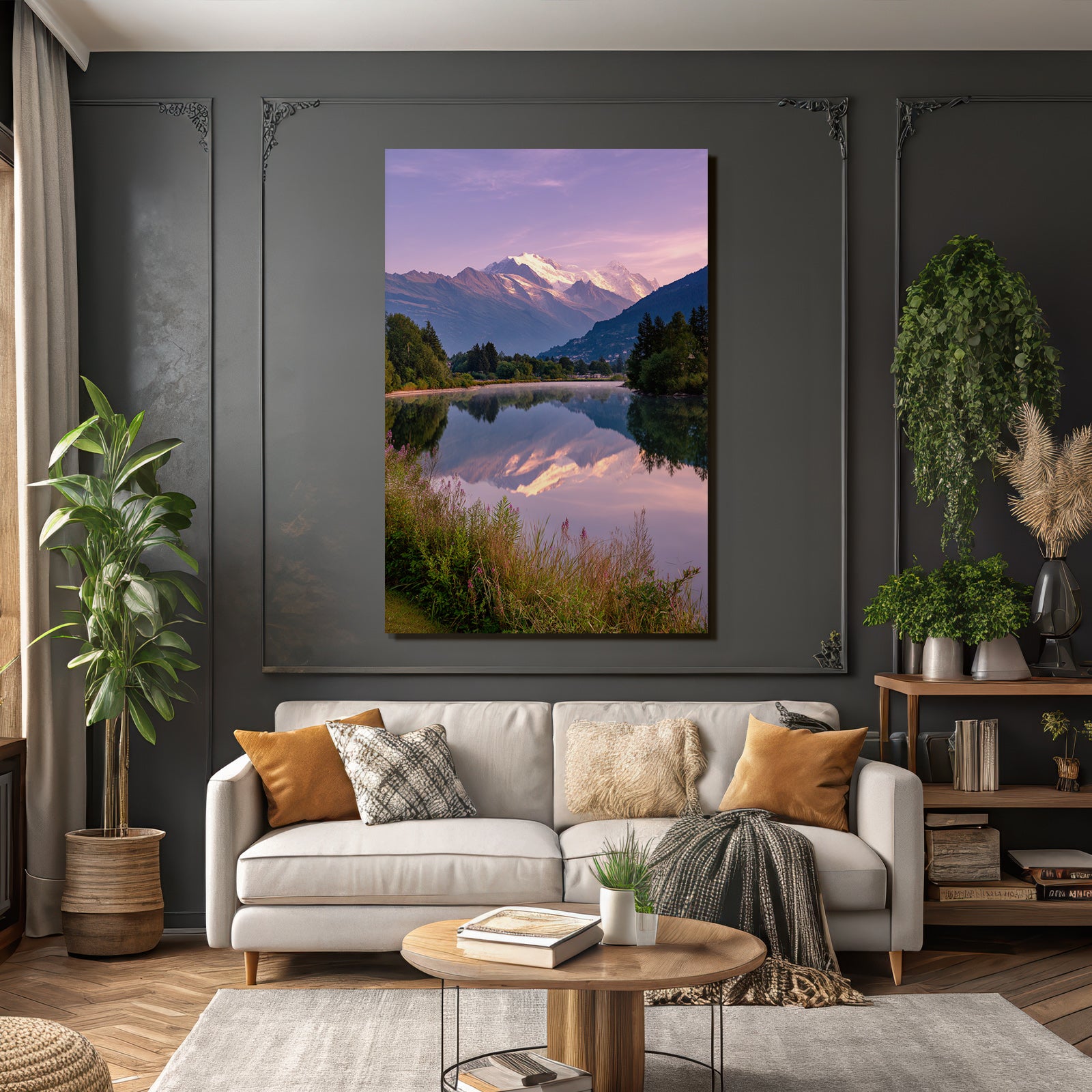 Beruhigende Landschaft Mit Gebirgen Und Wasser Im Dämmerlicht