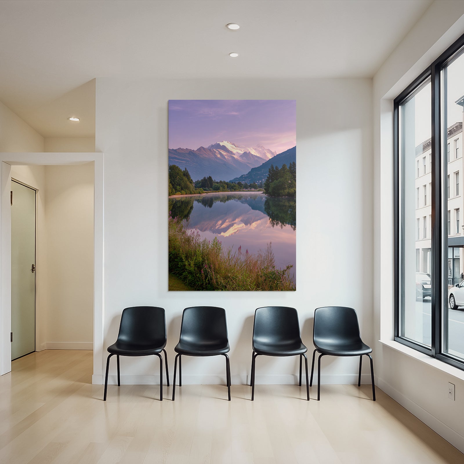 Beruhigende Landschaft Mit Gebirgen Und Wasser Im Dämmerlicht