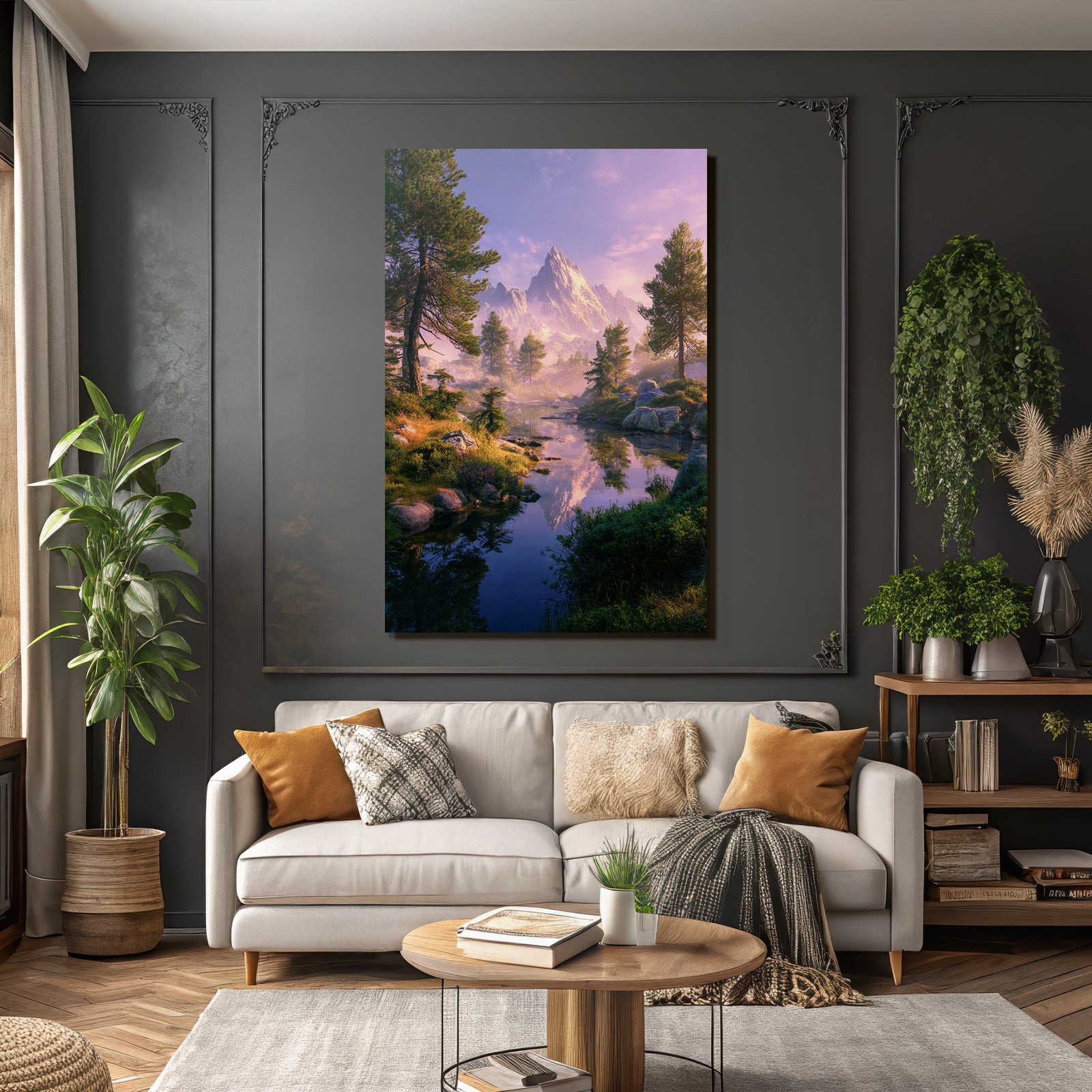 Friedliche Landlandschaft Mit Bergen Und Wasser An Dämmerung
