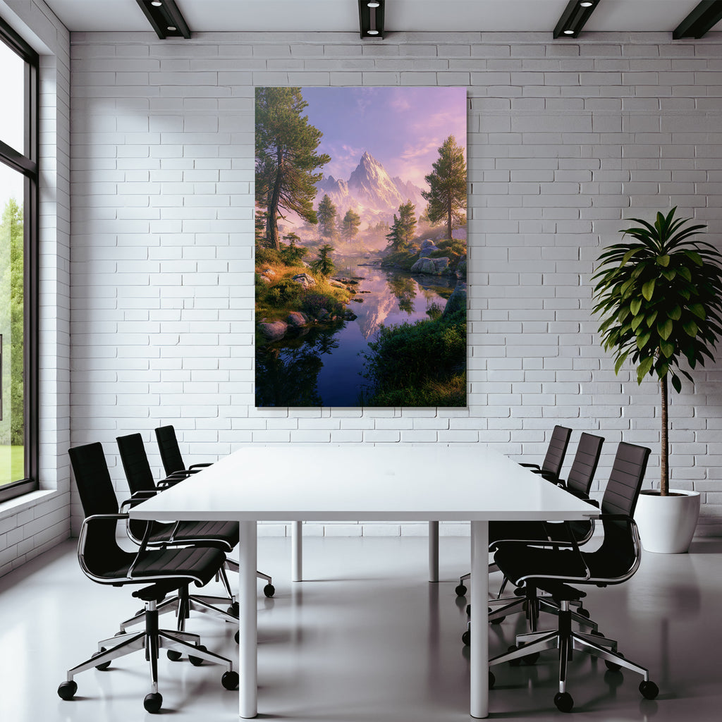 Friedliche Landlandschaft Mit Bergen Und Wasser An Dämmerung