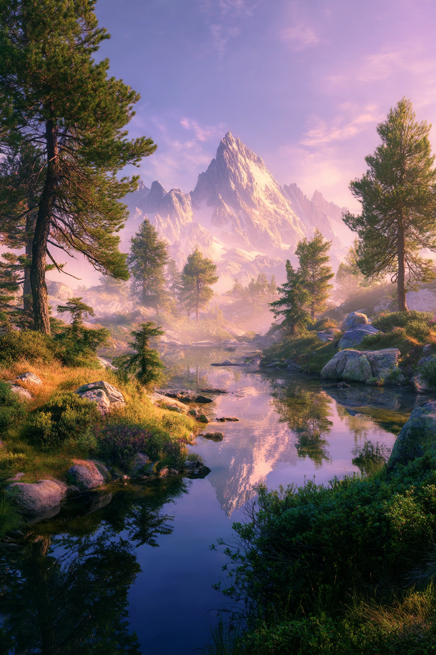 Friedliche Landlandschaft Mit Bergen Und Wasser An Dämmerung | Seen und Unterwasserwelten | Landschaften