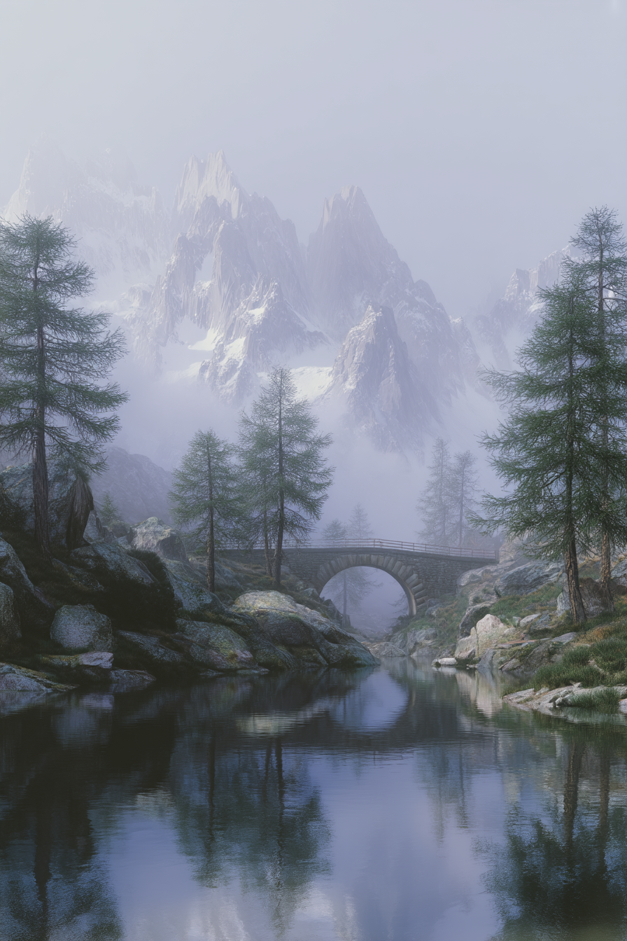 Friedliche Natur Landschaft Mit Bergen Brücke Und Fluss | Seen und Unterwasserwelten | Landschaften