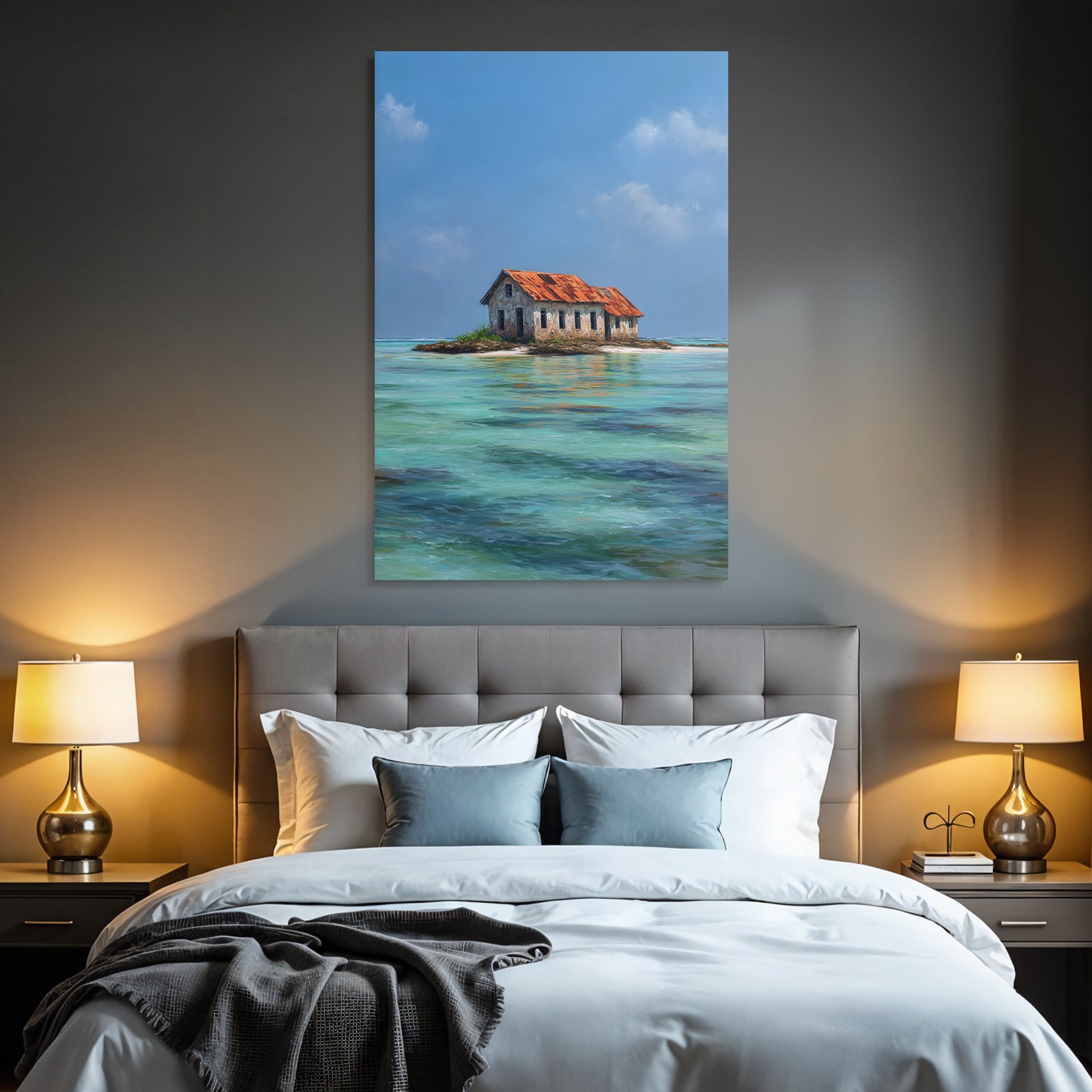 Kleines Haus Mit Rooft Röstig Auf Insel Im Türkisen Wasser
