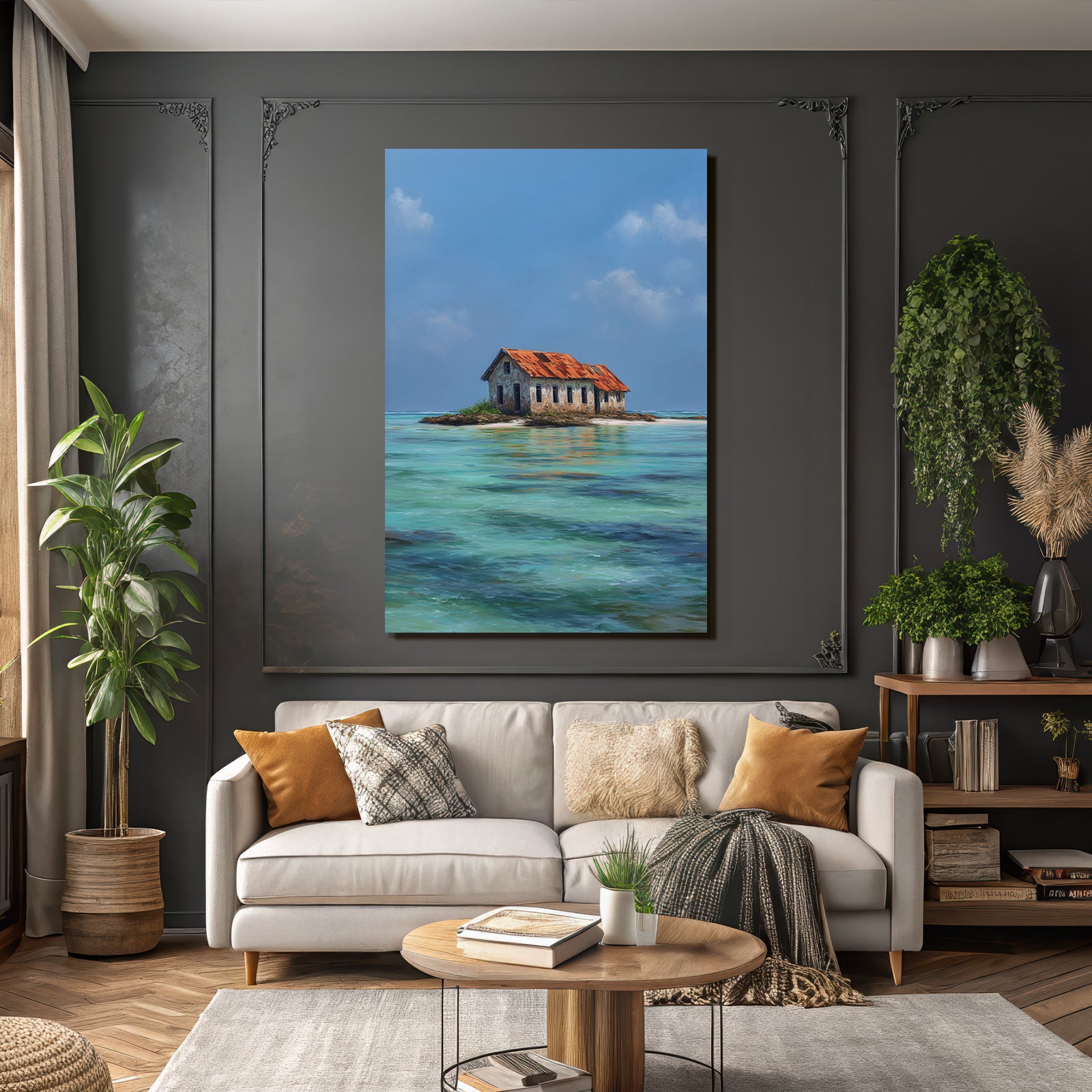 Kleines Haus Mit Rooft Röstig Auf Insel Im Türkisen Wasser