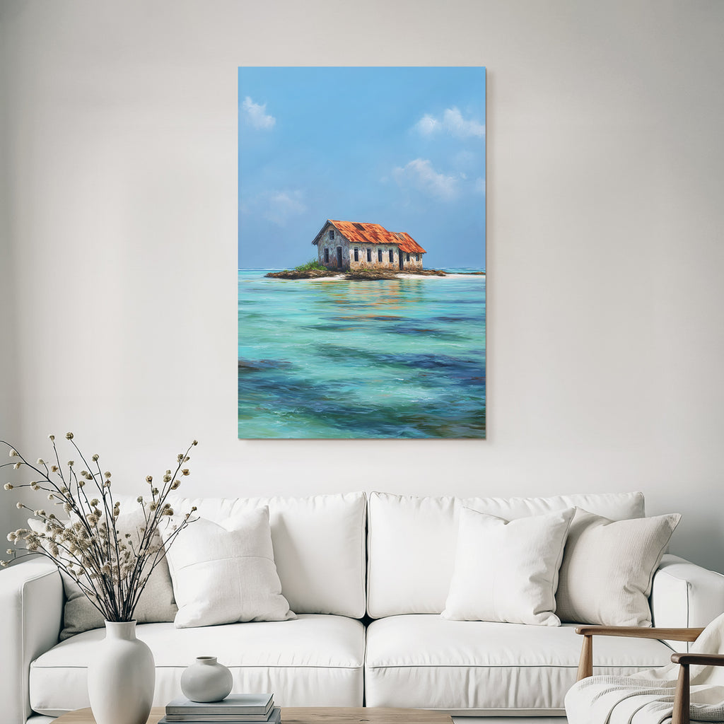 Kleines Haus Mit Rooft Röstig Auf Insel Im Türkisen Wasser