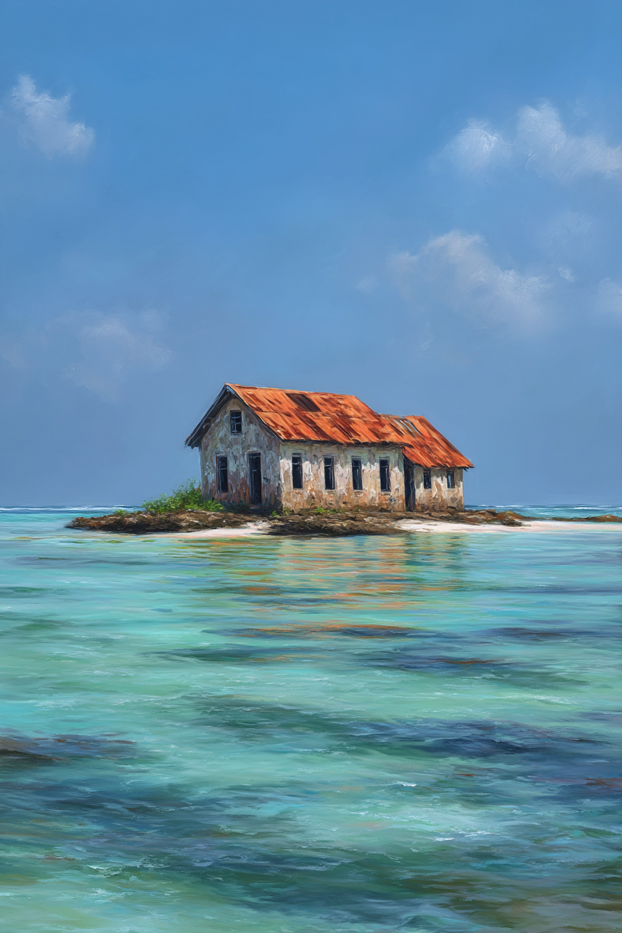 Kleines Haus Mit Rooft Röstig Auf Insel Im Türkisen Wasser | Seen und Unterwasserwelten | Landschaften