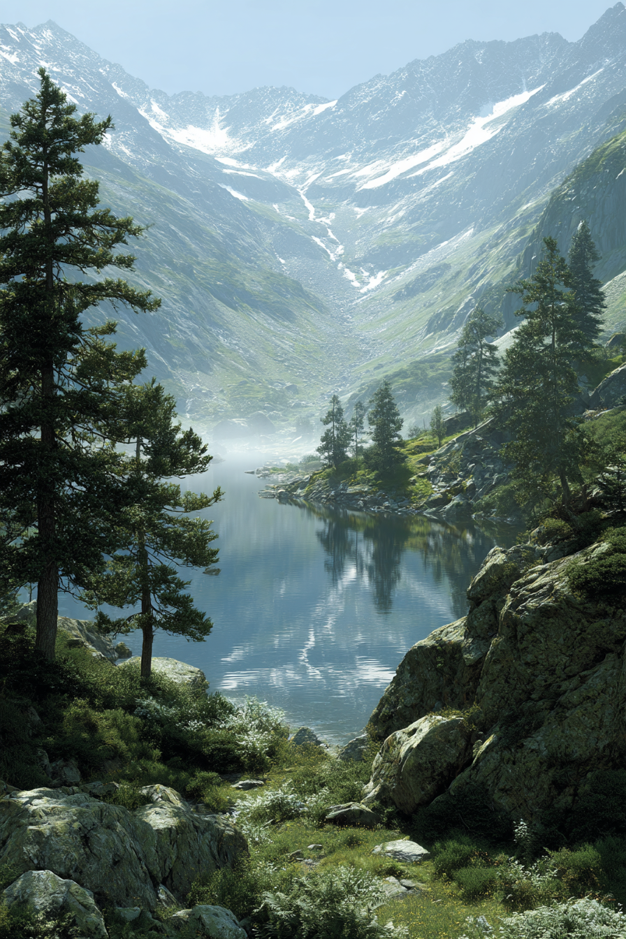 Ruhige Berglandschaft Mit See Und Nebel Reflexionen | Seen und Unterwasserwelten | Landschaften