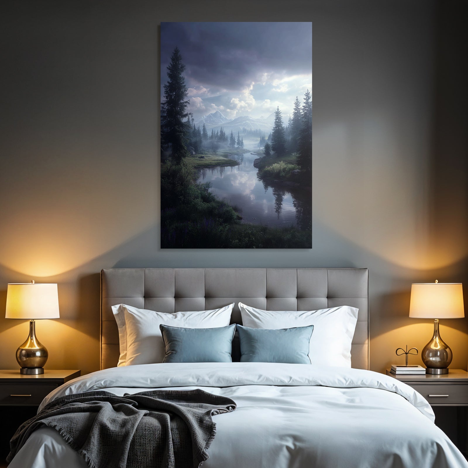 Ruhige Landschaft Mit Fluss Und Bergen Mit Nebel Und Drama Himmel