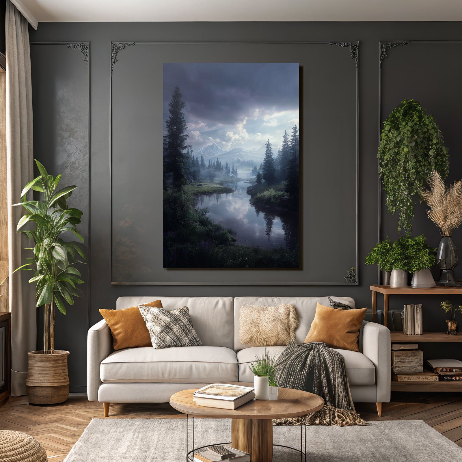 Ruhige Landschaft Mit Fluss Und Bergen Mit Nebel Und Drama Himmel