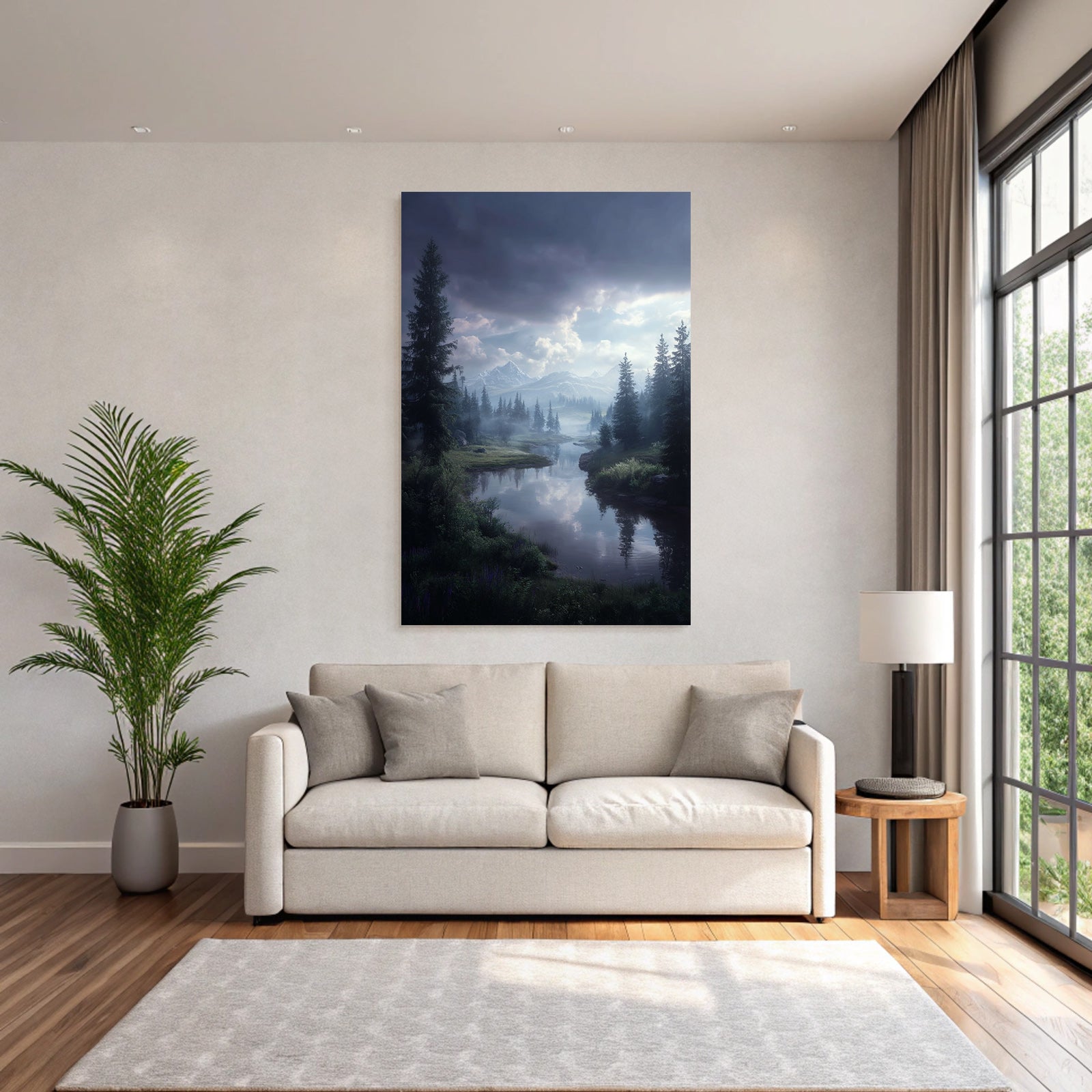 Ruhige Landschaft Mit Fluss Und Bergen Mit Nebel Und Drama Himmel