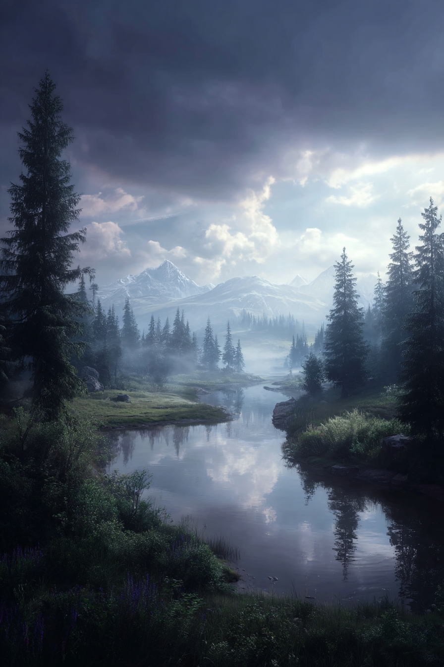 Ruhige Landschaft Mit Fluss Und Bergen Mit Nebel Und Drama Himmel | Seen und Unterwasserwelten | Landschaften