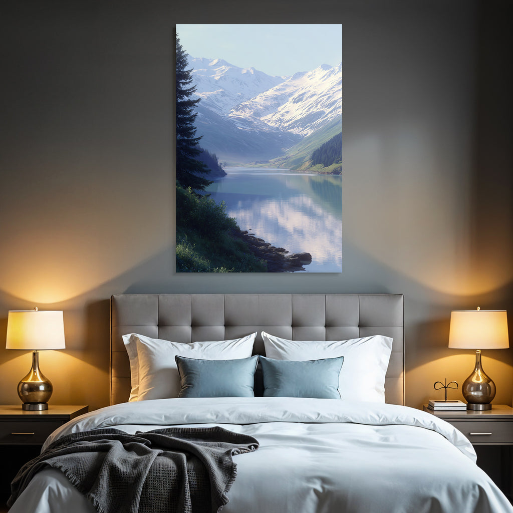Ruhige Landschaft Mit Schneebedeckten Bergen Und Wasser Reflexionen