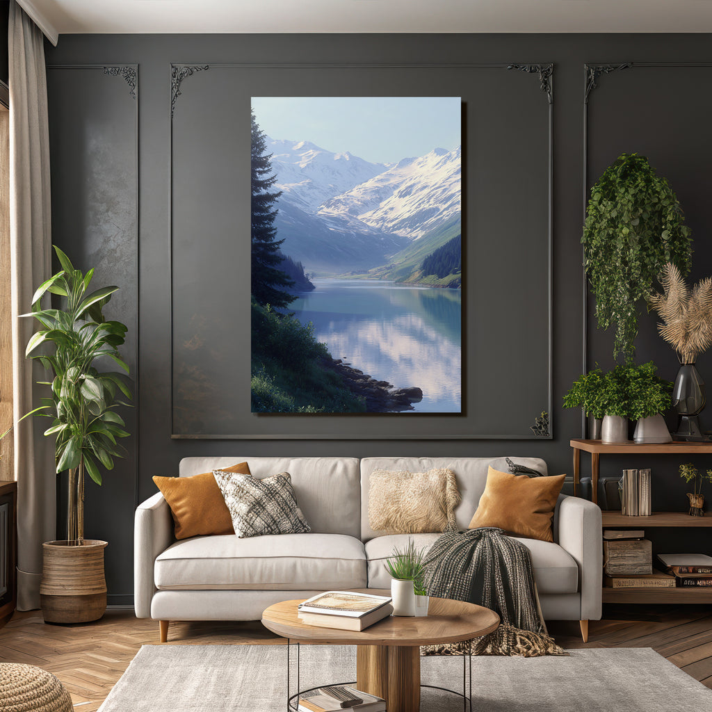 Ruhige Landschaft Mit Schneebedeckten Bergen Und Wasser Reflexionen