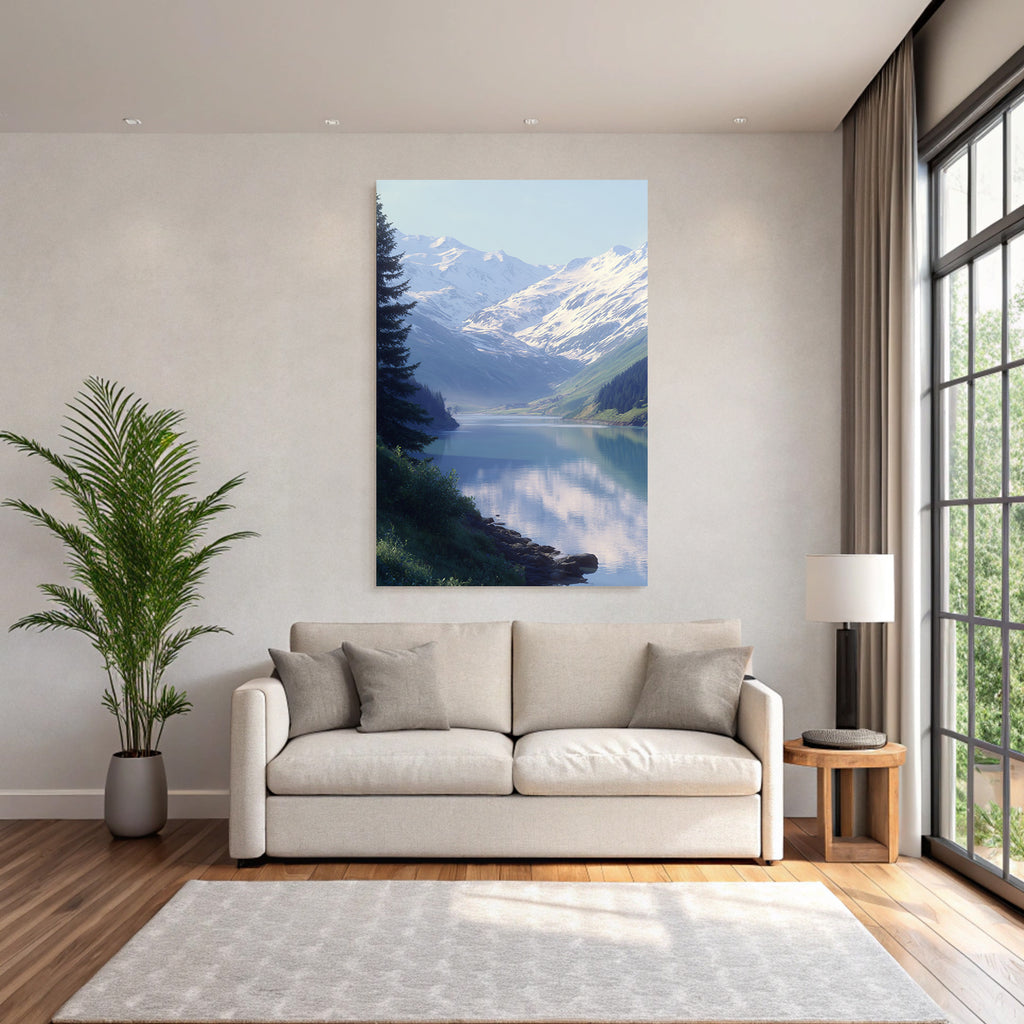 Ruhige Landschaft Mit Schneebedeckten Bergen Und Wasser Reflexionen