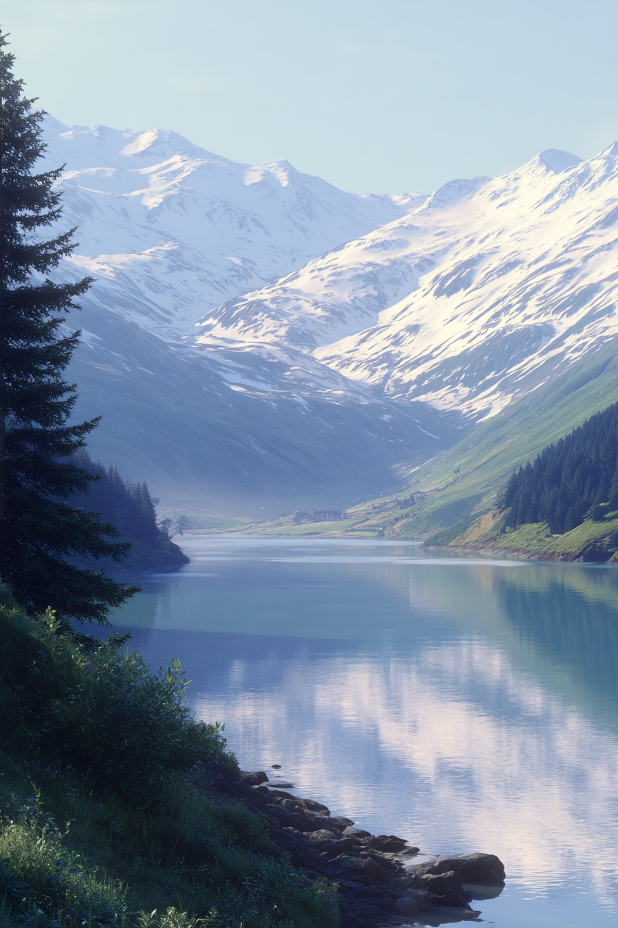 Ruhige Landschaft Mit Schneebedeckten Bergen Und Wasser Reflexionen | Seen und Unterwasserwelten | Landschaften