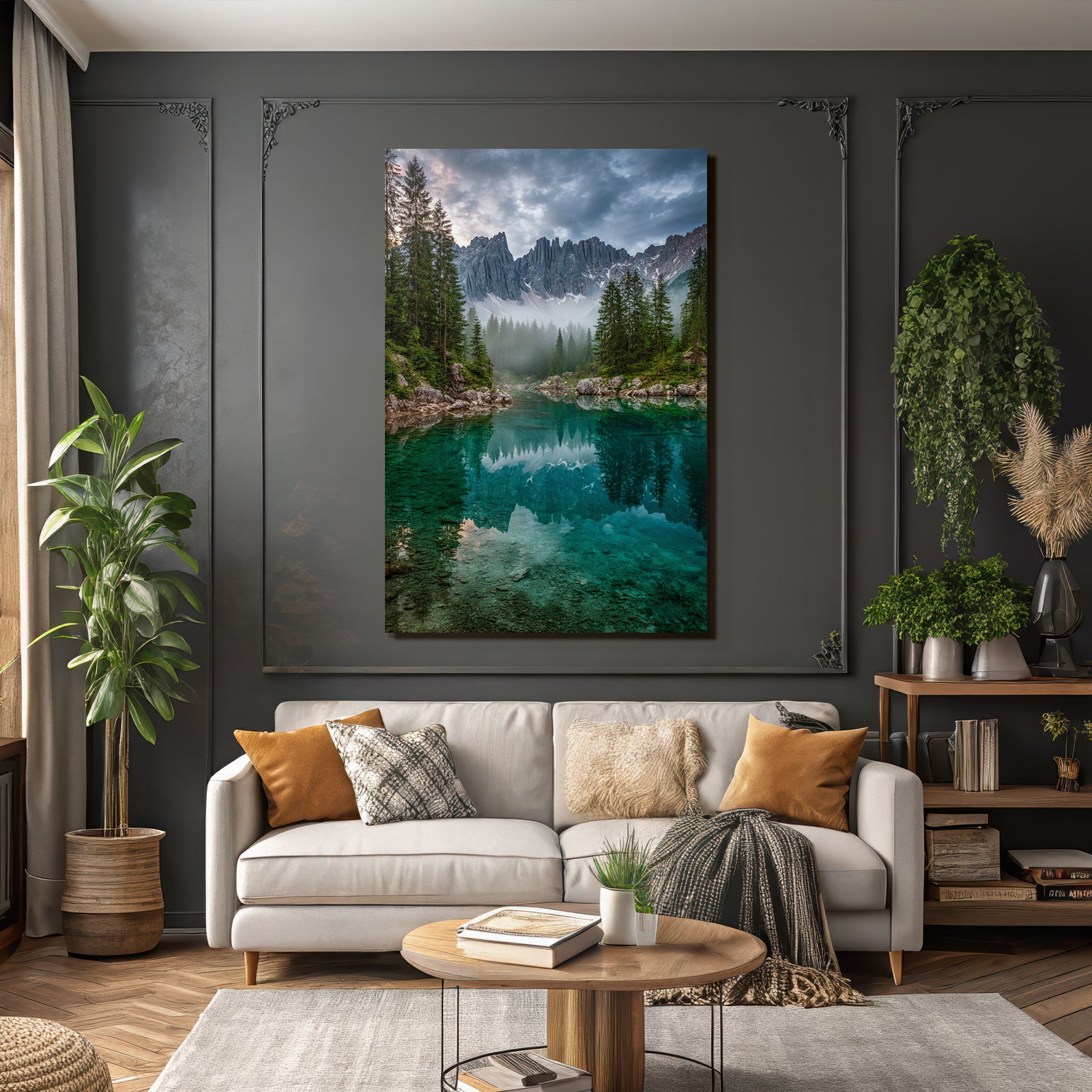 Ruhige Landschaft Mit See Baeumen Und Bergen