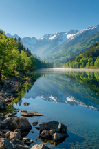 Ruhige Landschaft See Umgeben Von Grünen Baeumen Und Schneebedeckten Bergen | Seen und Unterwasserwelten | Landschaften