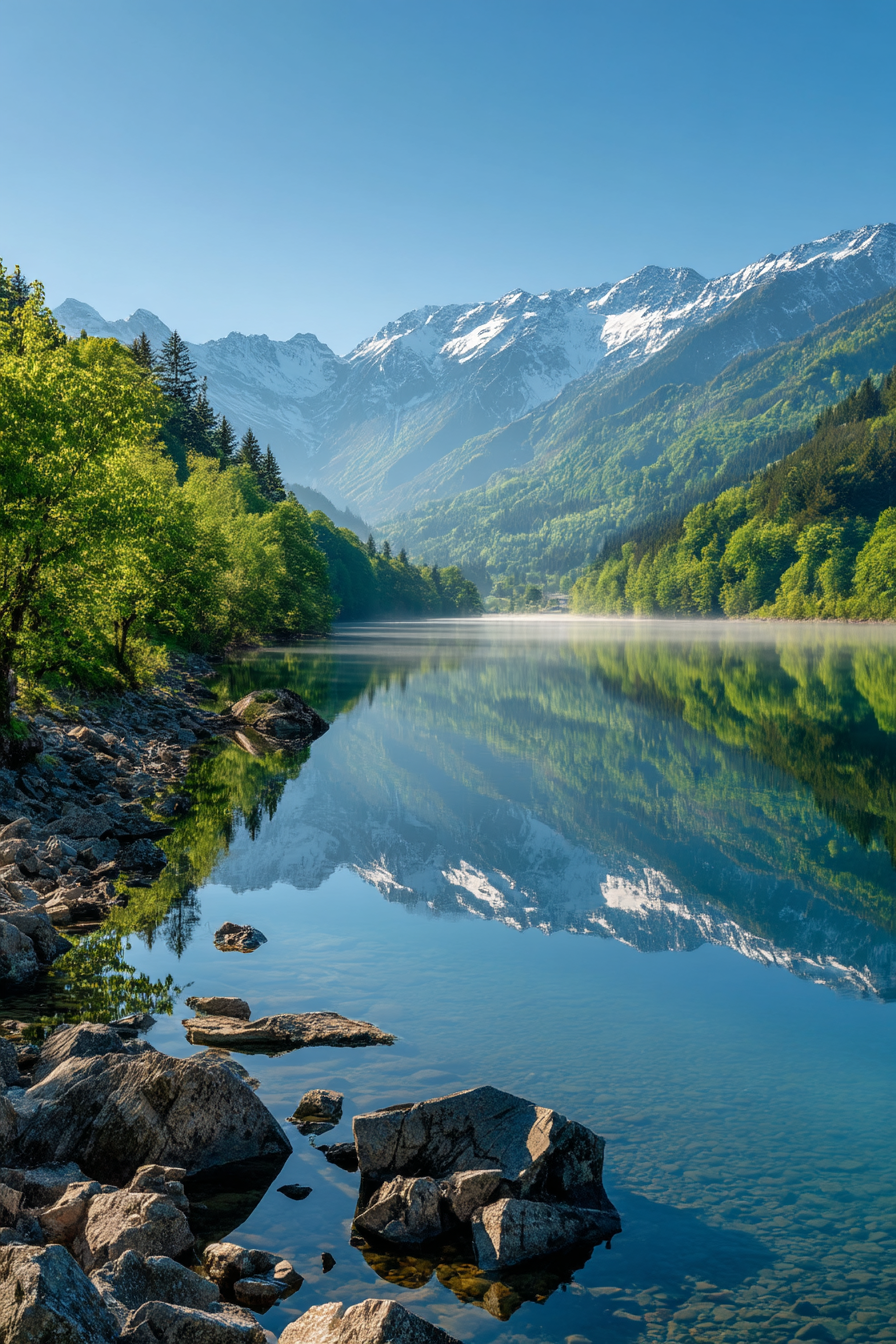 Ruhige Landschaft See Umgeben Von Grünen Baeumen Und Schneebedeckten Bergen | Seen und Unterwasserwelten | Landschaften