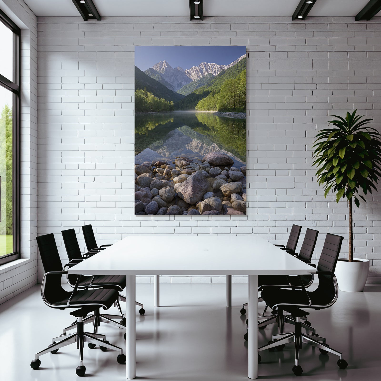 Ruhige Natur Landschaft Mit Reflektion Und Grünen Baeumen