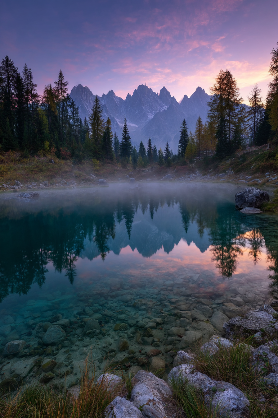 Ruhige Natur Landschaft See Berge Morgendämmerung Mist | Seen und Unterwasserwelten | Landschaften