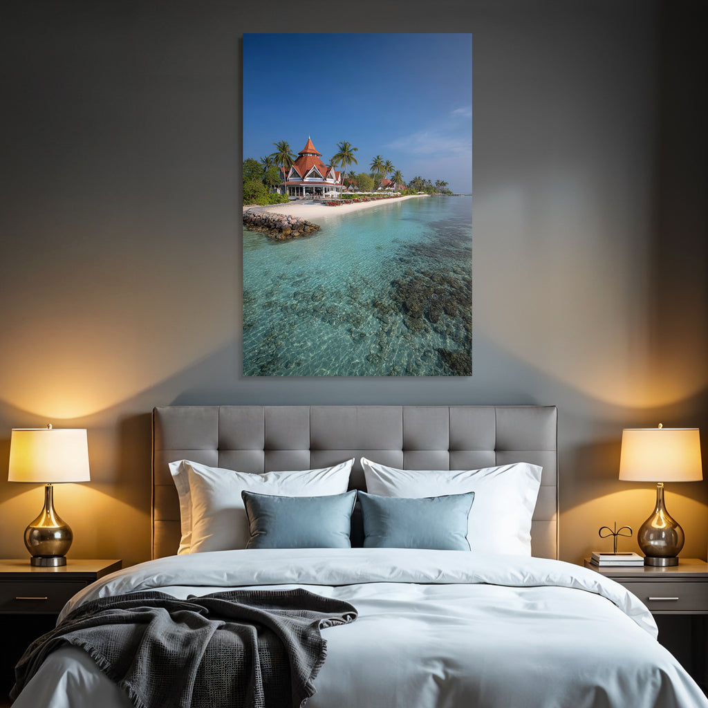 Tropischer Strand Mit Lagune Palmen Und Villen