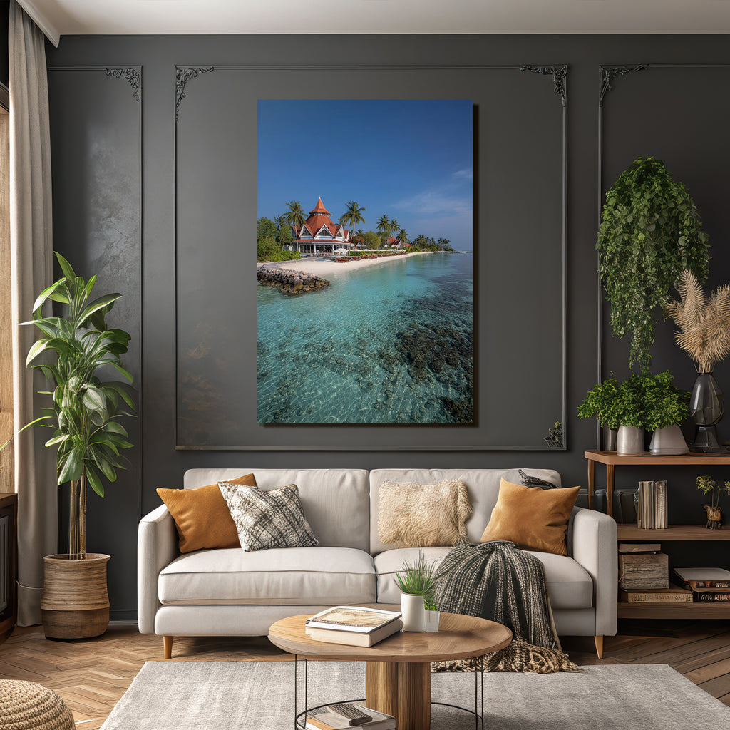 Tropischer Strand Mit Lagune Palmen Und Villen