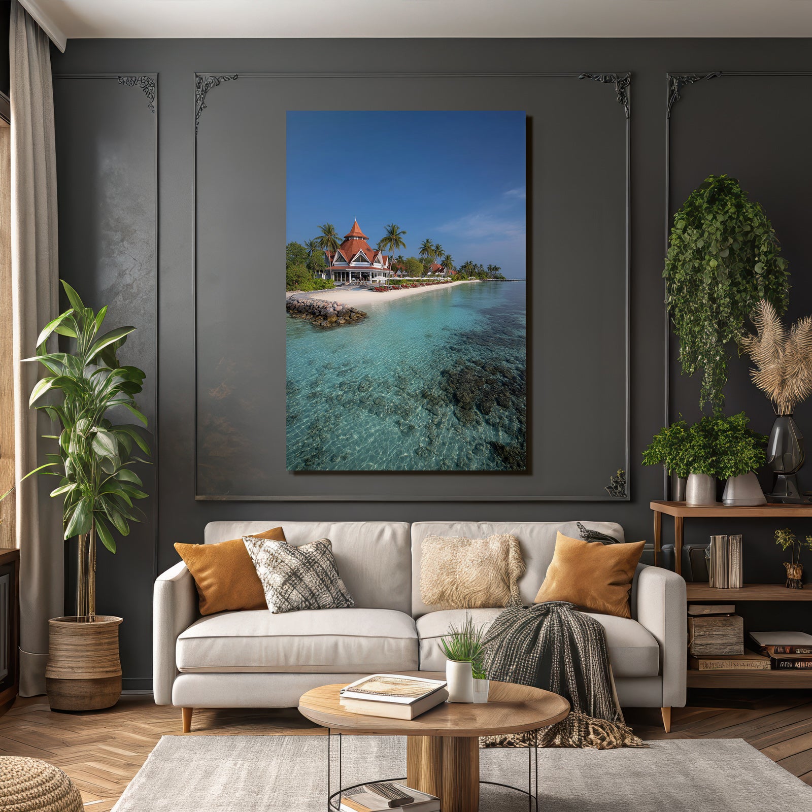 Tropischer Strand Mit Lagune Palmen Und Villen