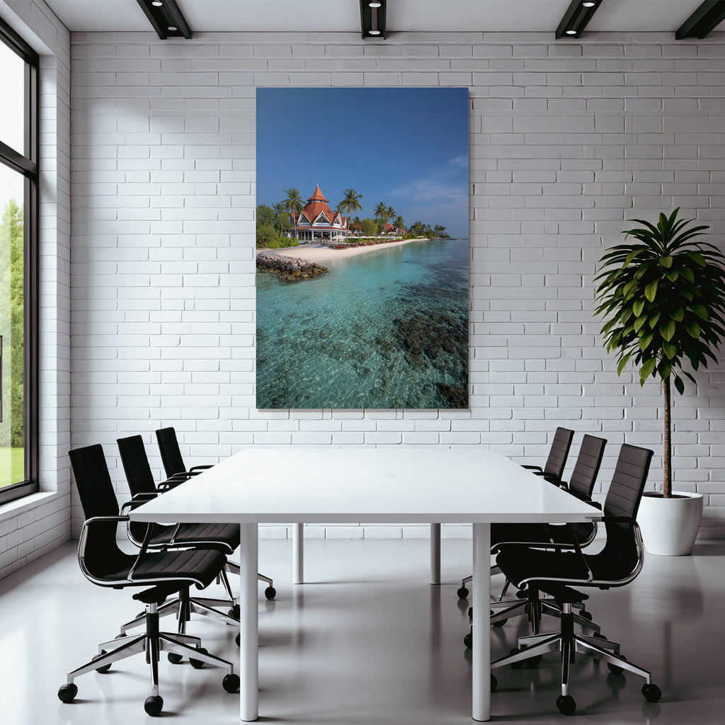 Tropischer Strand Mit Lagune Palmen Und Villen