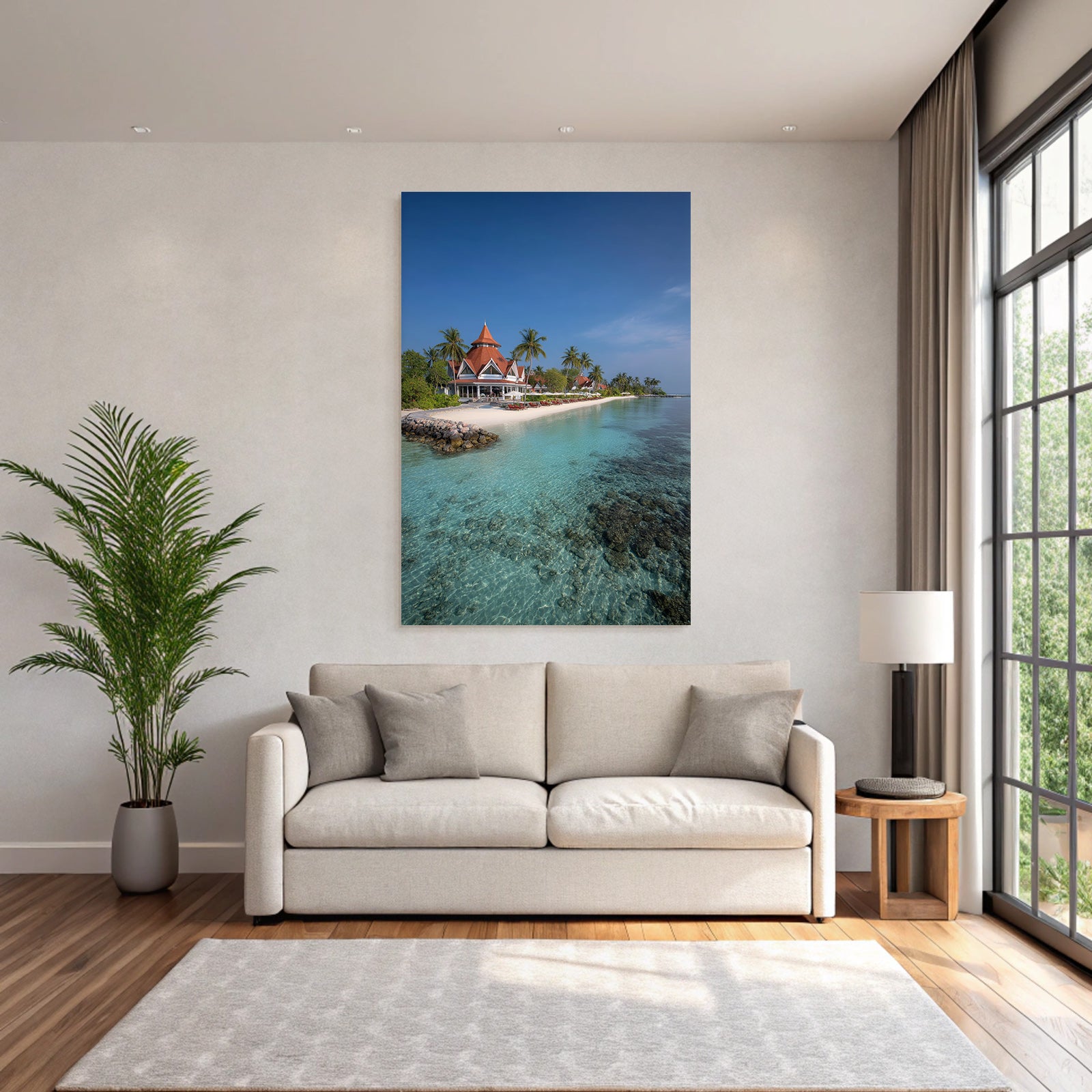 Tropischer Strand Mit Lagune Palmen Und Villen