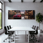 Cobblestone Street With Charming Buildings And Vintage Car Dusk