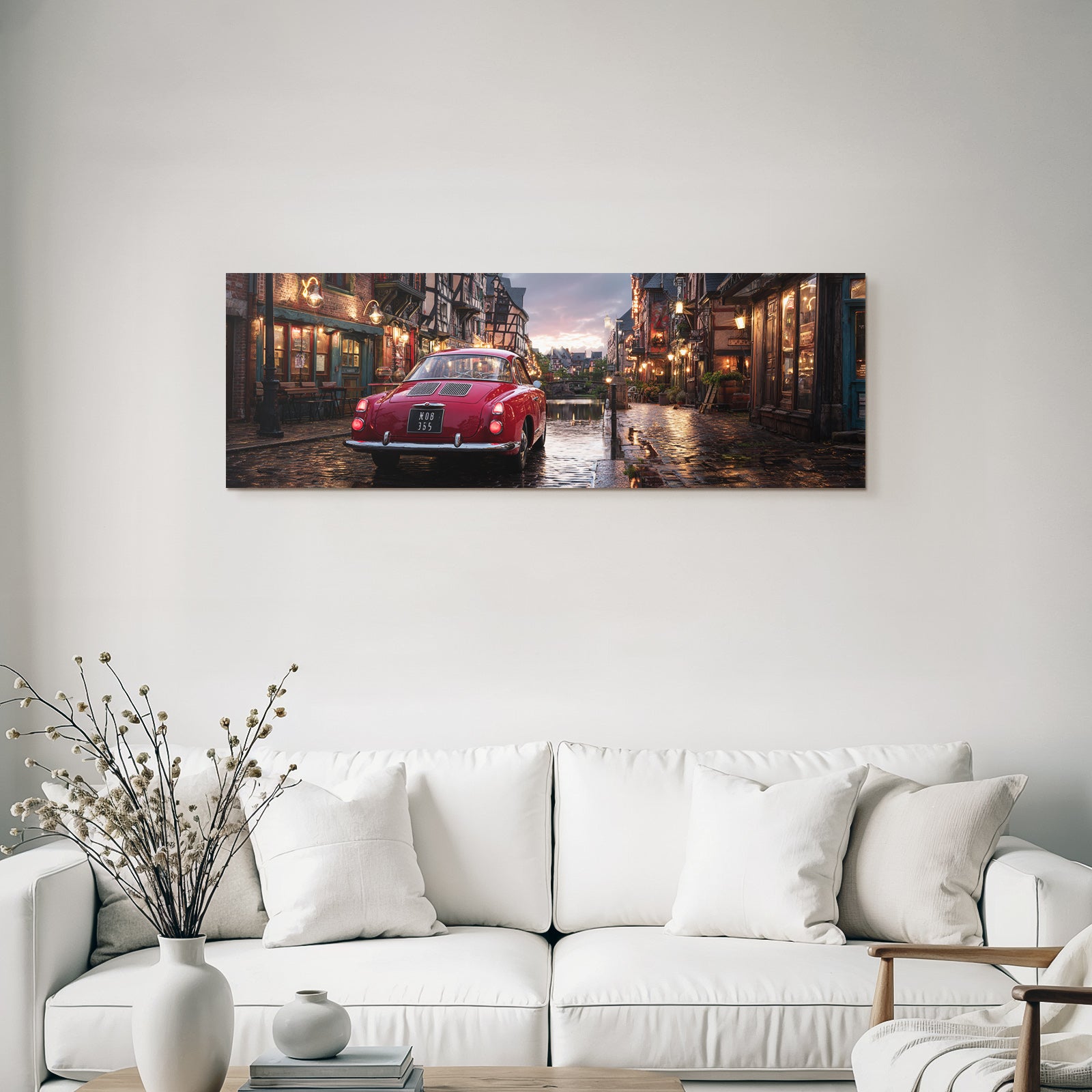Cobblestone Street With Charming Buildings And Vintage Car Dusk