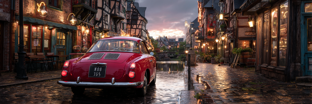 Cobblestone Street With Charming Buildings And Vintage Car Dusk | Seen und Unterwasserwelten | Landschaften