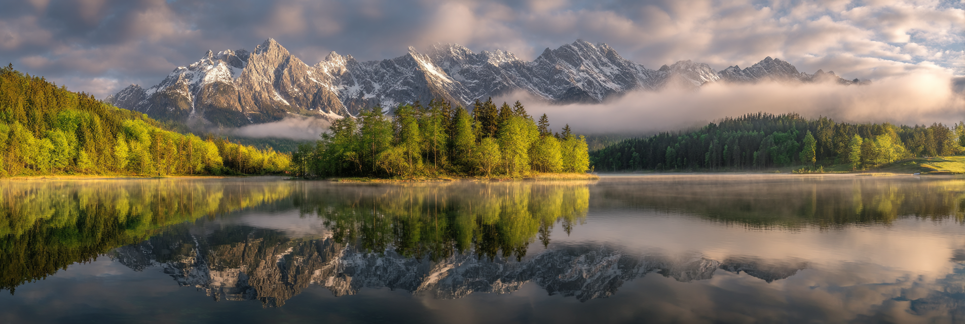 Majestic Berggipfel Landschaft Spiegelsee Morgensonne | Seen und Unterwasserwelten | Landschaften