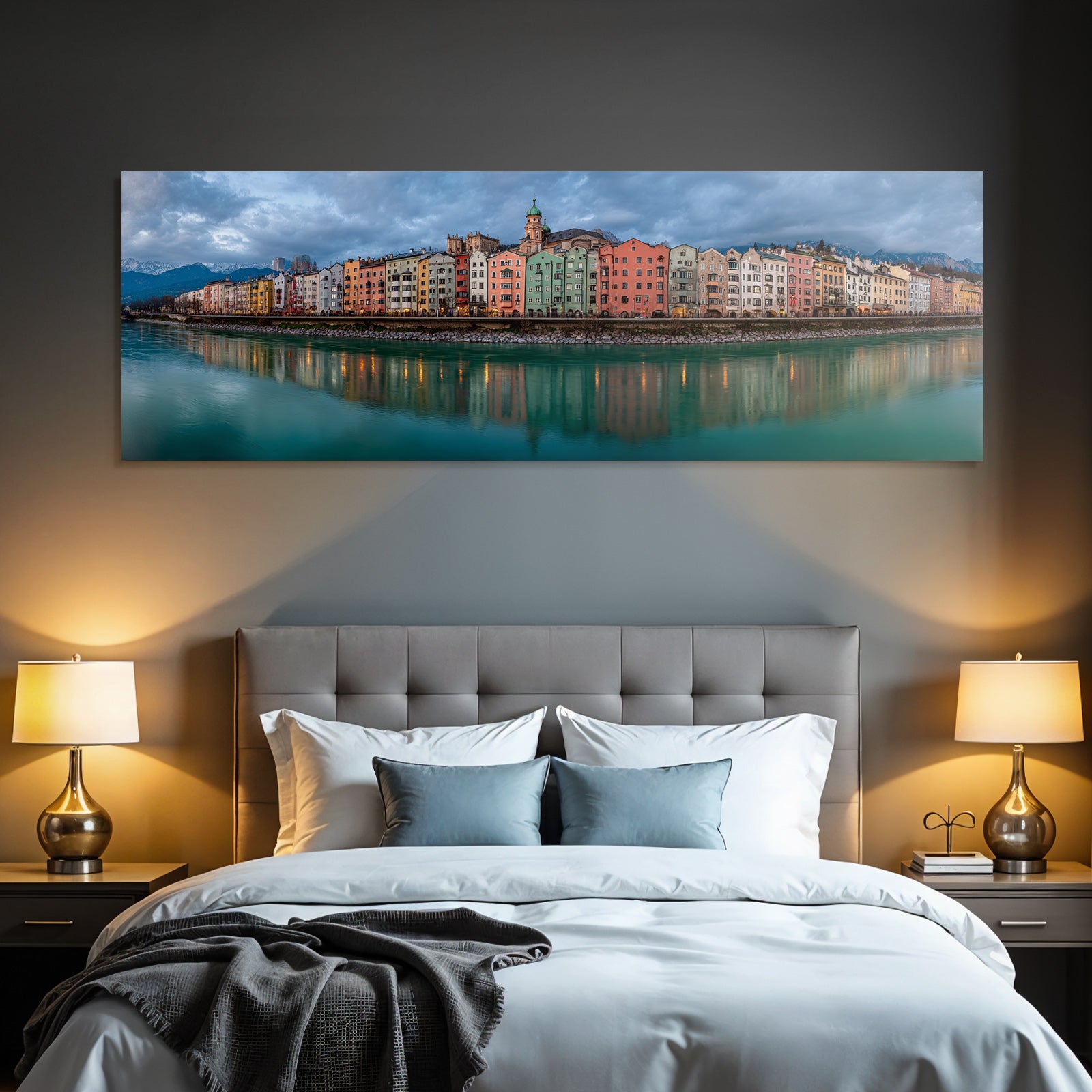 Riverside Cityscape Mountains Reflection Europaeisch